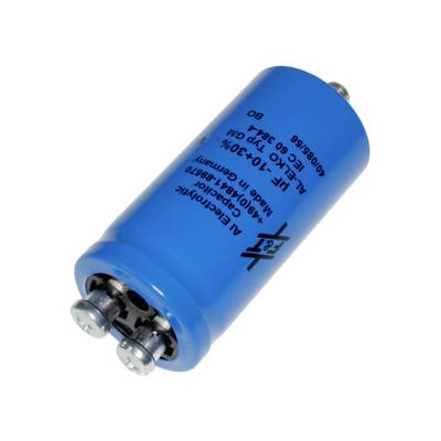 Plavi cilindrični kondenzator sa vijčanim priključcima i natpisom 'Elektrolitički kondenzator, Made in Germany, 100 V, 3380 µF'.