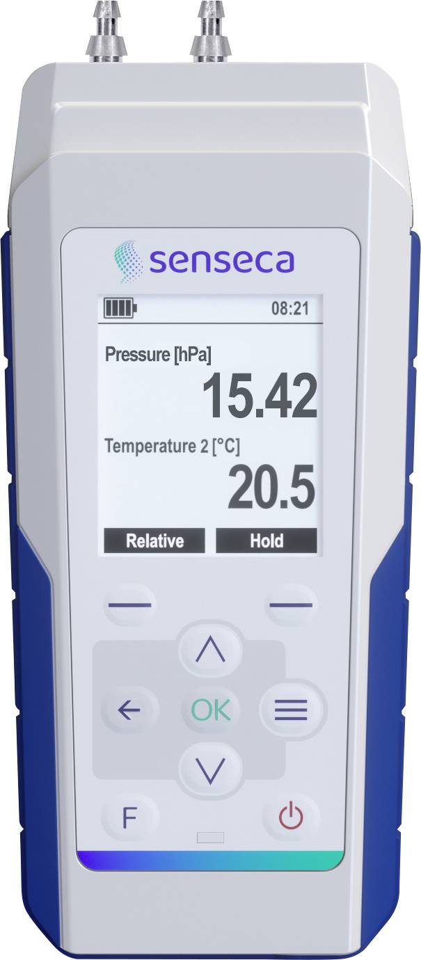 Tlak 15,42 hPa, Temperatura 20,5°C prikazani na ručnom uređaju Senseca s tipkama za postavke i opcije zadržavanja podataka.
