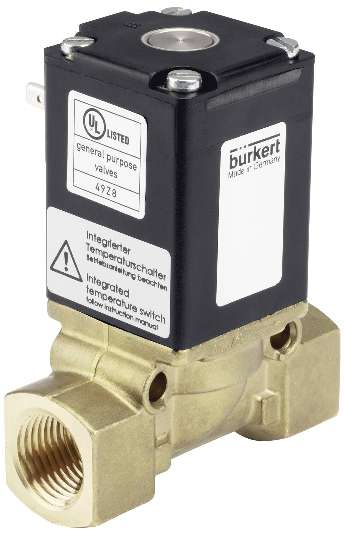 Elektromagnetski ventil tvrtke Bürkert, izrađen od mjeda s crućim plastičnim kućištem. Pogodan je za opće namjene.