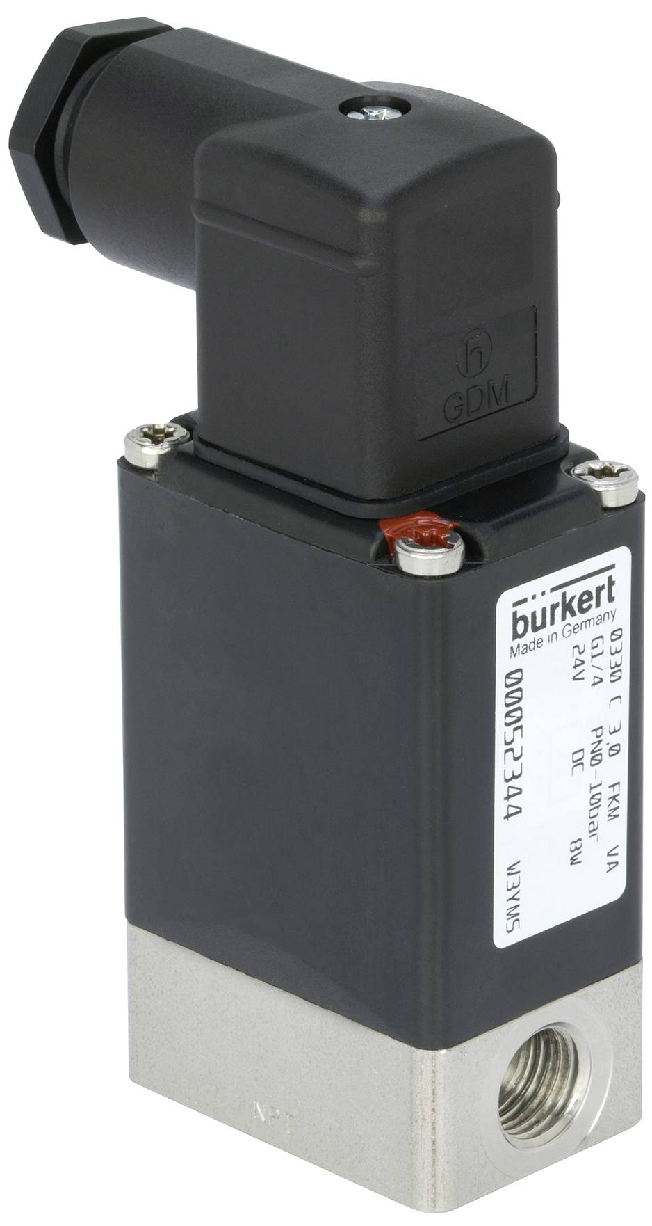 Crna električna magnetska ventil pravokutnog kućišta s priključkom. Na kućištu je marka 'Burkert'.