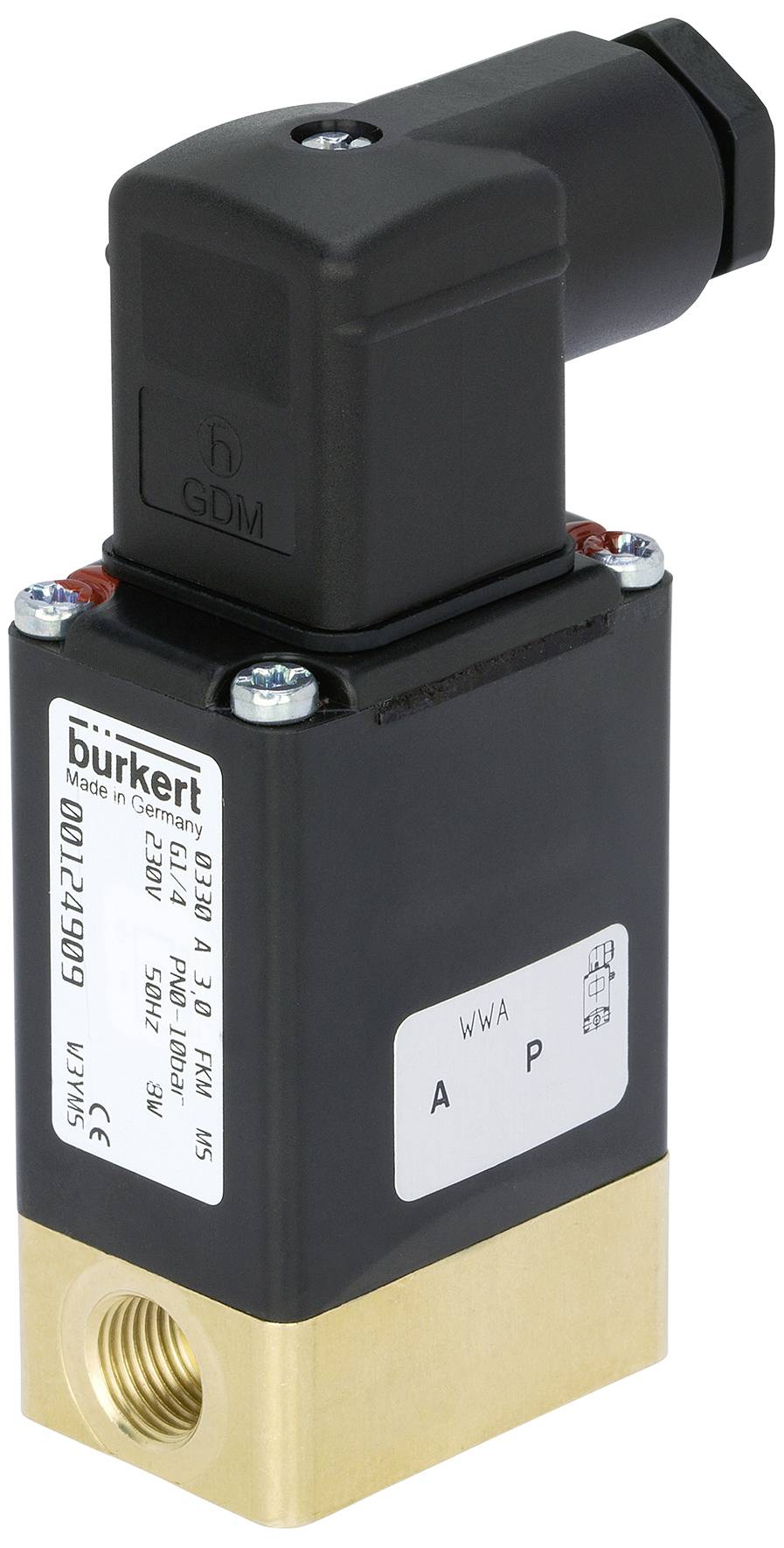 'Crni elektromagnetski ventil s mesing priključkom, vidljiv model broj i oznaka proizvođača Bürkert.'