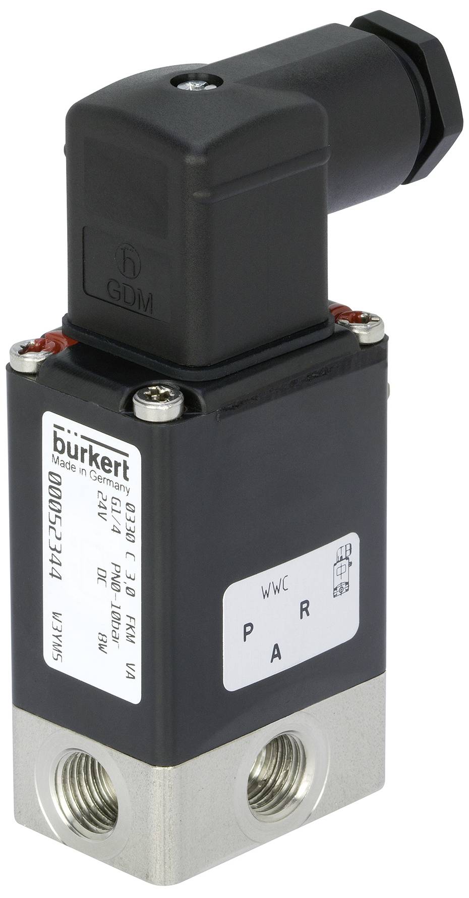 Crni elektromagnetski ventil Bürkert, model D16-25/00/00B. Ima tri priključka i oznake 'P', 'A', 'R'.