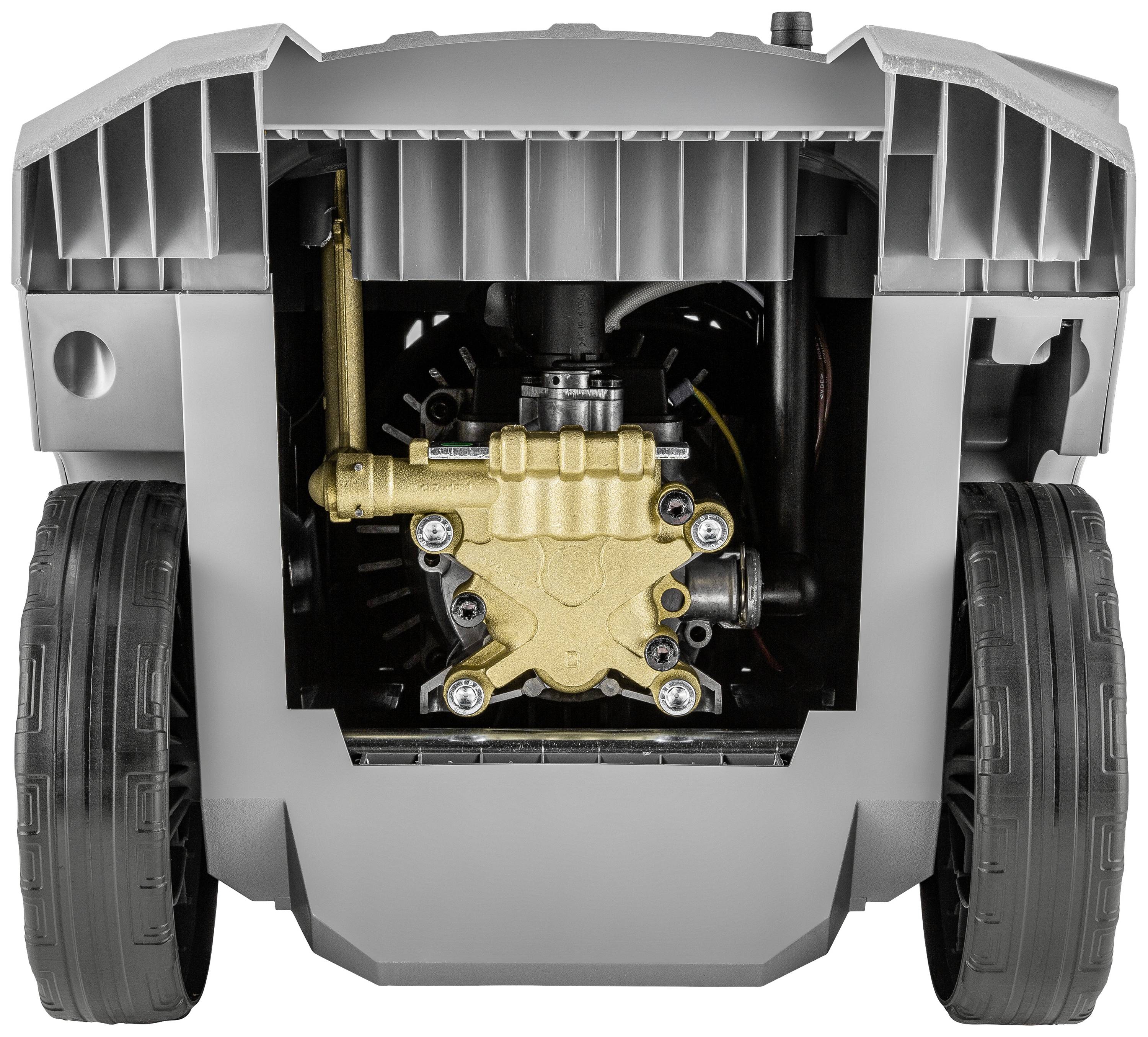 Pogled iznutra uređaja s vidljivom metalnom mehanikom i dva velika kotača. Unutrašnjost prikazuje zlatnu pumpu.