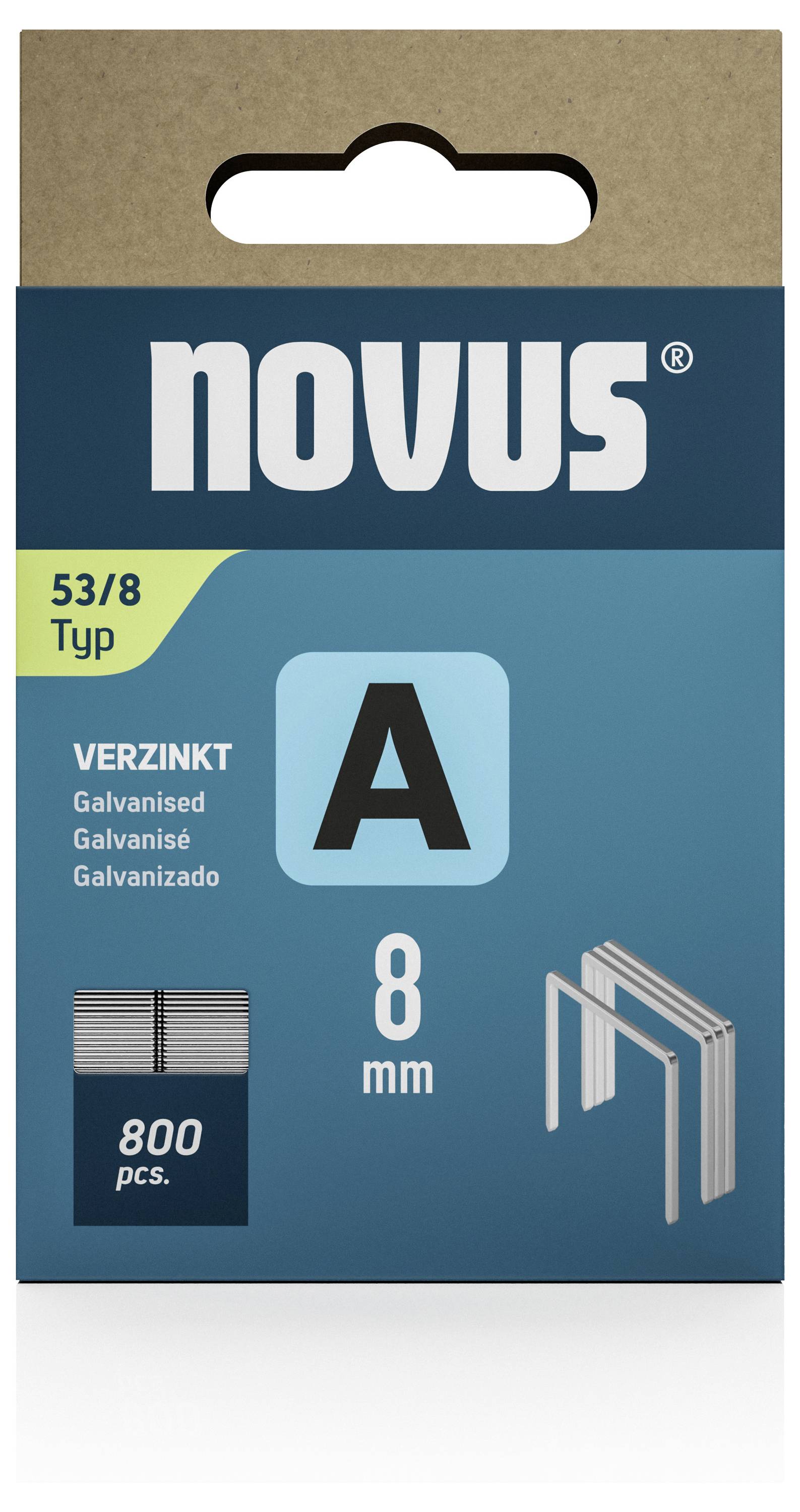 Paket Novus spajalica tipa 53/8, pocinčane. Sadržaj 800 komada. Pogodne za materijale debljine do 8 mm.