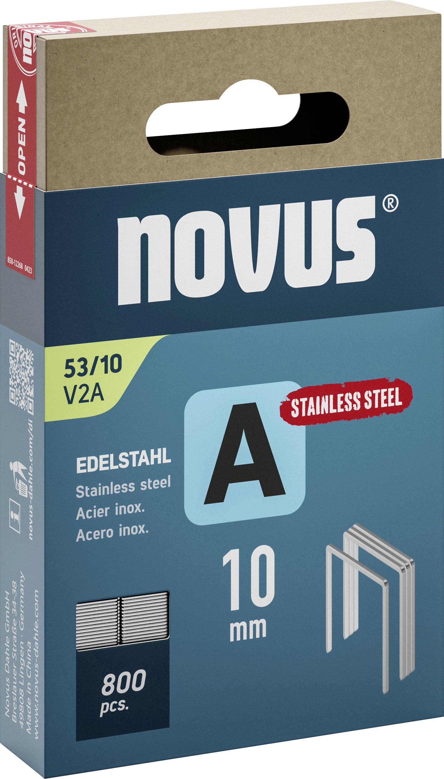 Pakiranje od 800 inox spajalica, veličine 10 mm, tip 53/10 V2A, marke 'Novus', s bojenim kodom i ostalim detaljima na kutiji.