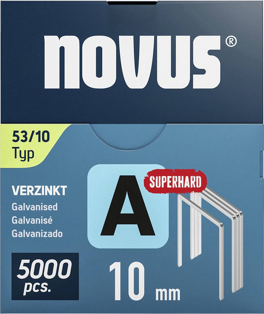 Kutija sa 5000 pocinčanih spajalica, tip 53/10, duljine 10 mm, označena natpisima 'NOVUS', 'SUPERHARD' i 'POCINČANO'.