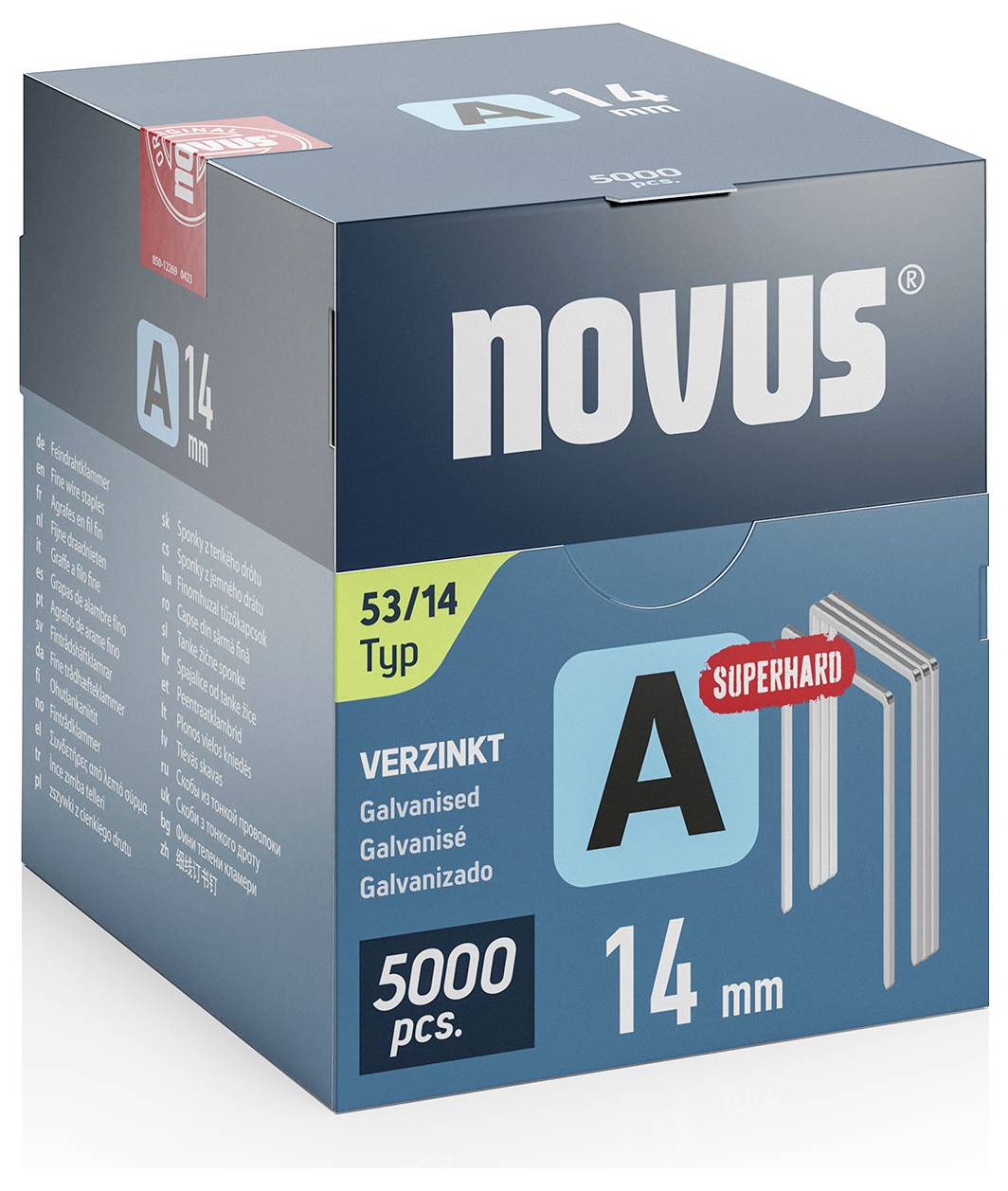 Kutija s metalnim spajalicama, marka Novus, tip 53/14, 5000 komada, pocinčane, veličina 14 mm. Prednja strana s plavim dizajnom i natpisom 'SUPERHARD'.