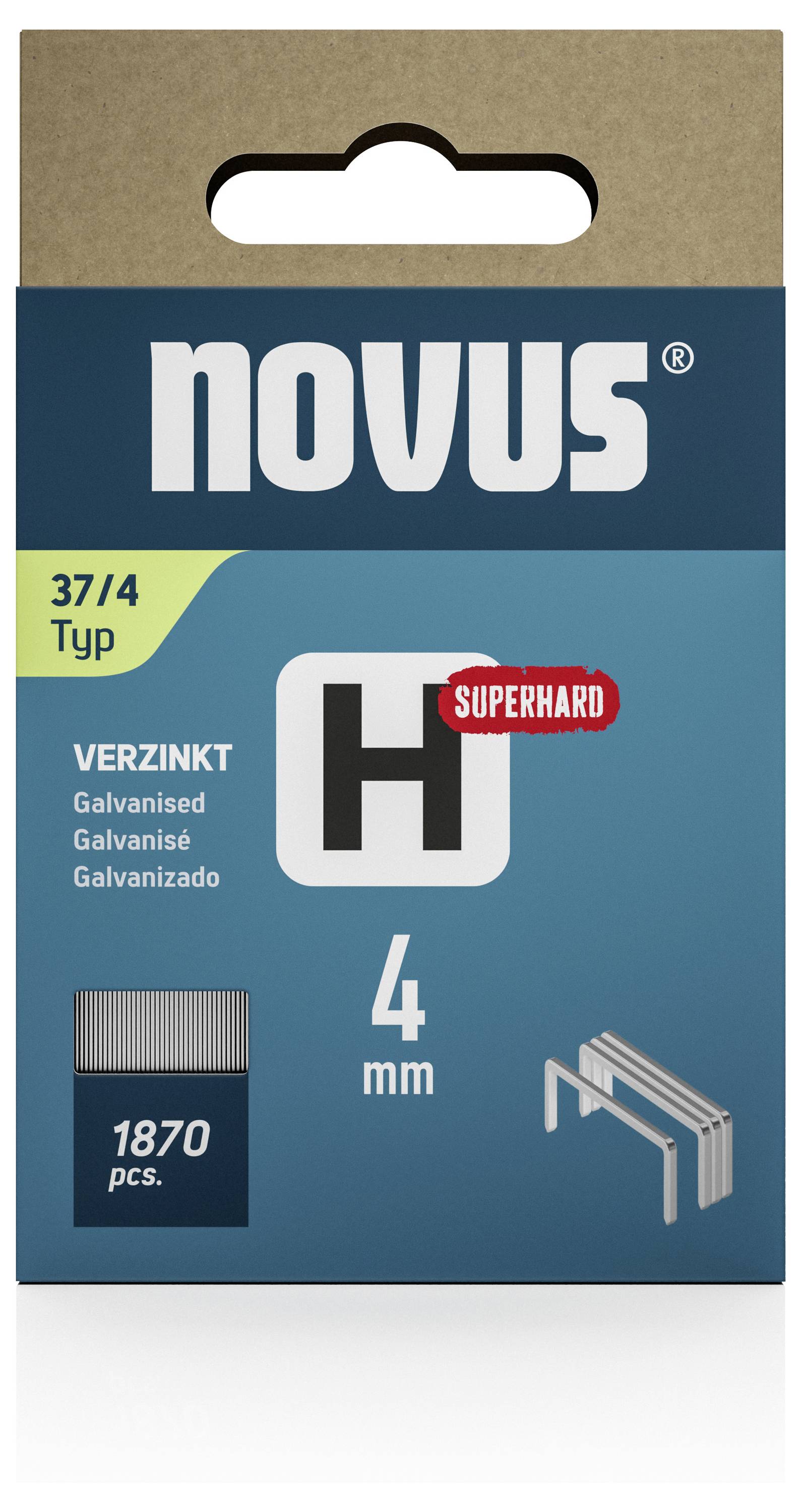 Paket od 1870 pocinčanih spajalica H-tipa veličine 4 mm brenda Novus, označen kao 'Superhard'.