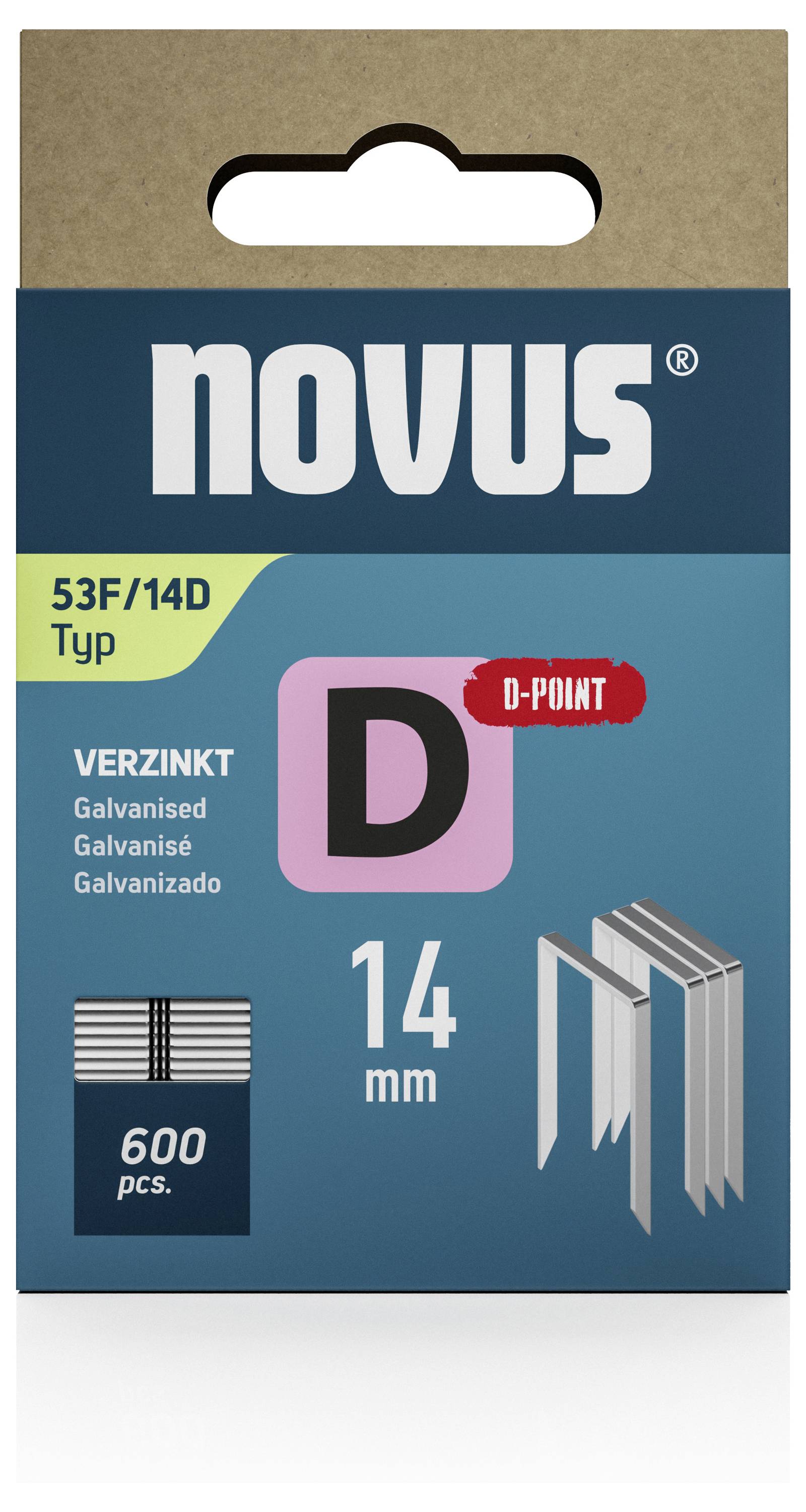 'novus' spajalice, tip 53F/14D, 14 mm, pocinčane, 600 komada, prikaz prikazuje ambalažu s grafičkim prikazom spajalica.