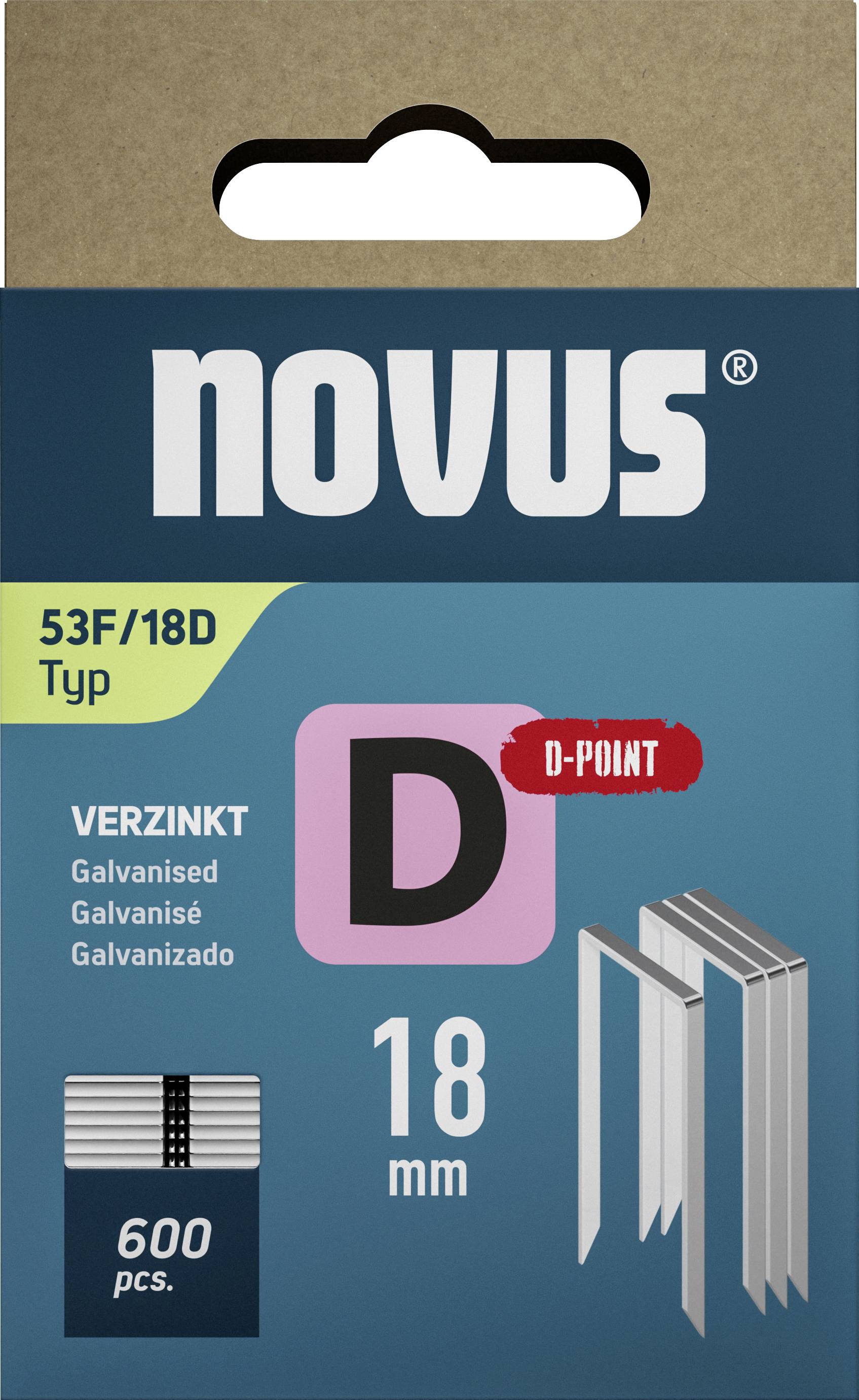 Novus spajalice 53F/18D, pocinčane, 18 mm dužine, 600 komada. Pakiranju je prikazano proizvod i veličina spajalica.