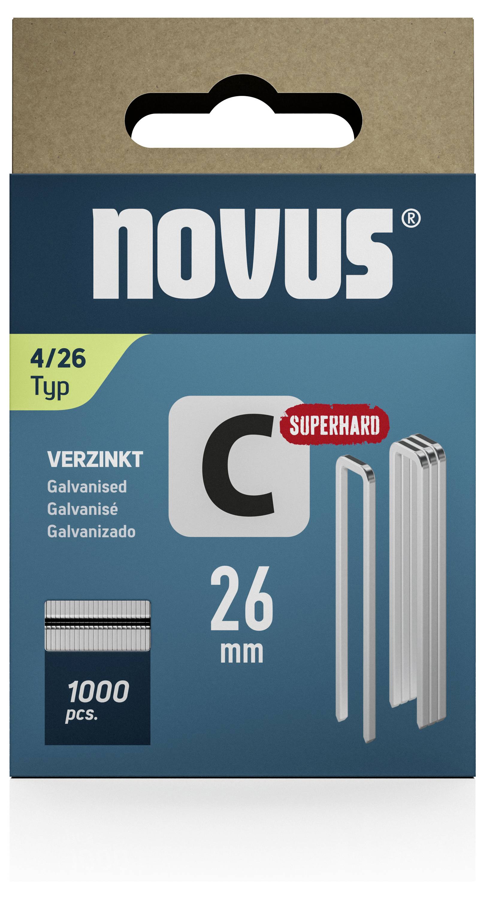Pakiranja Novus spajalica tipa C, 26 mm, pocinčane, izuzetno čvrste, 1000 komada. Pogodno za profesionalnu upotrebu.
