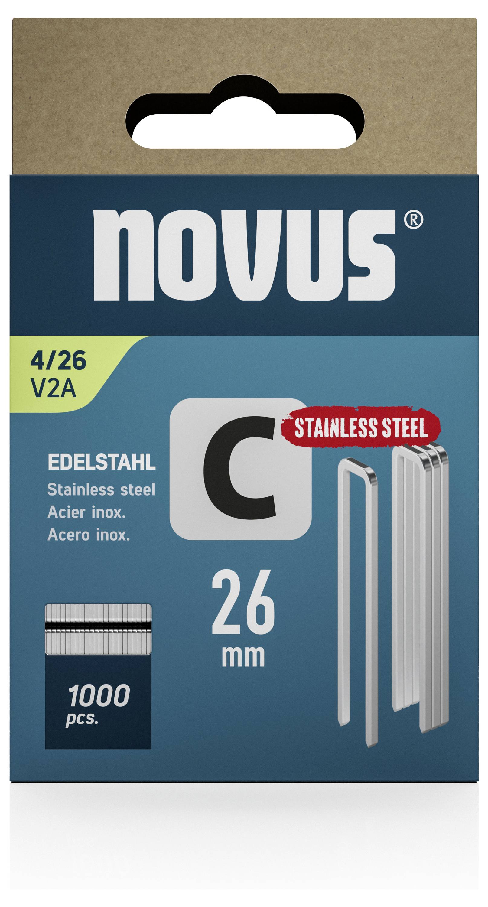 'Novus C' spajalice, nehrđajući čelik, 26 mm, 1000 komada u plavo-zelenoj ambalaži, pogodne za spajanje papira i ručne radove.