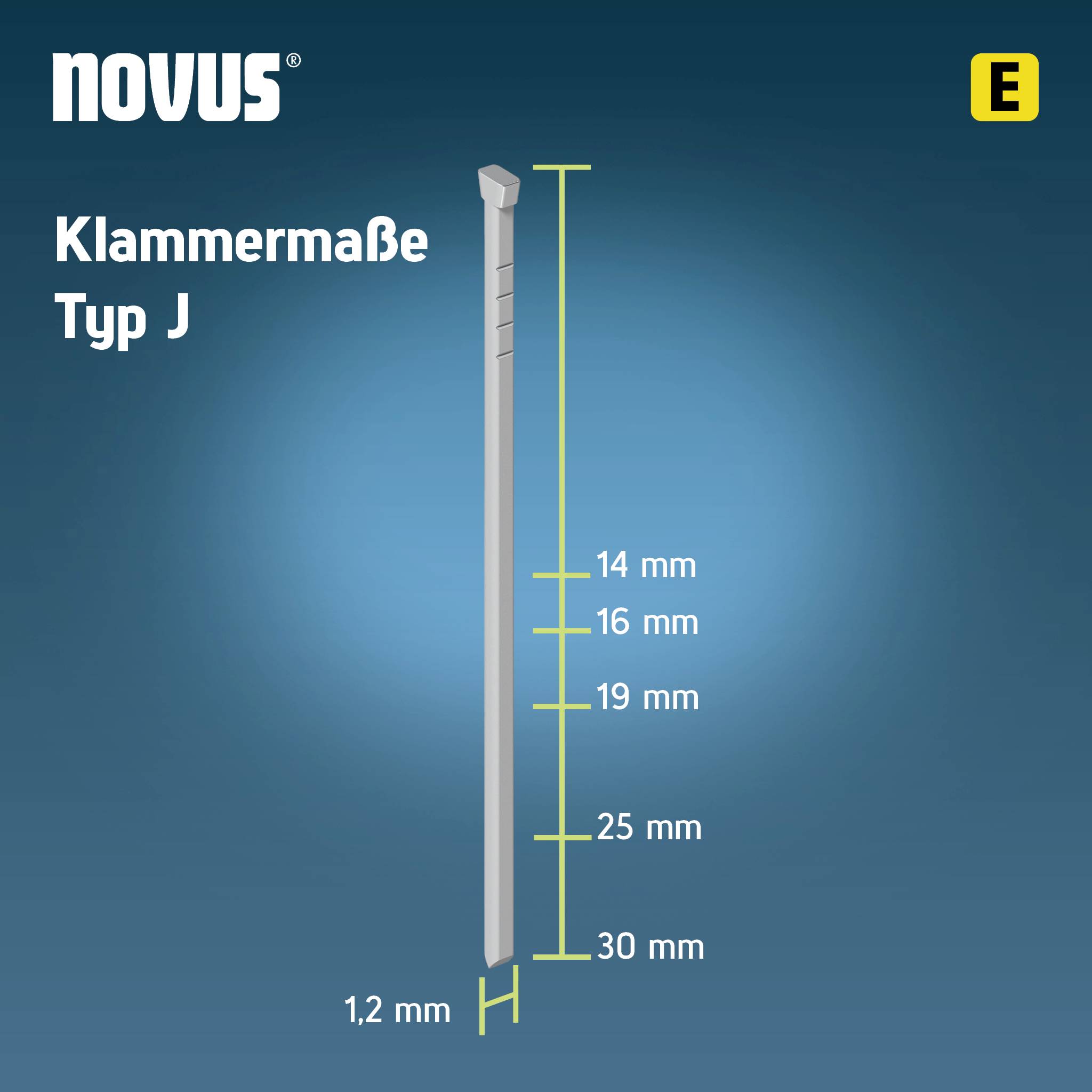Na slici je prikazan stezaljka tipa J od Novusa, s označenim duljinama od 14 mm do 30 mm i širinom od 1,2 mm.