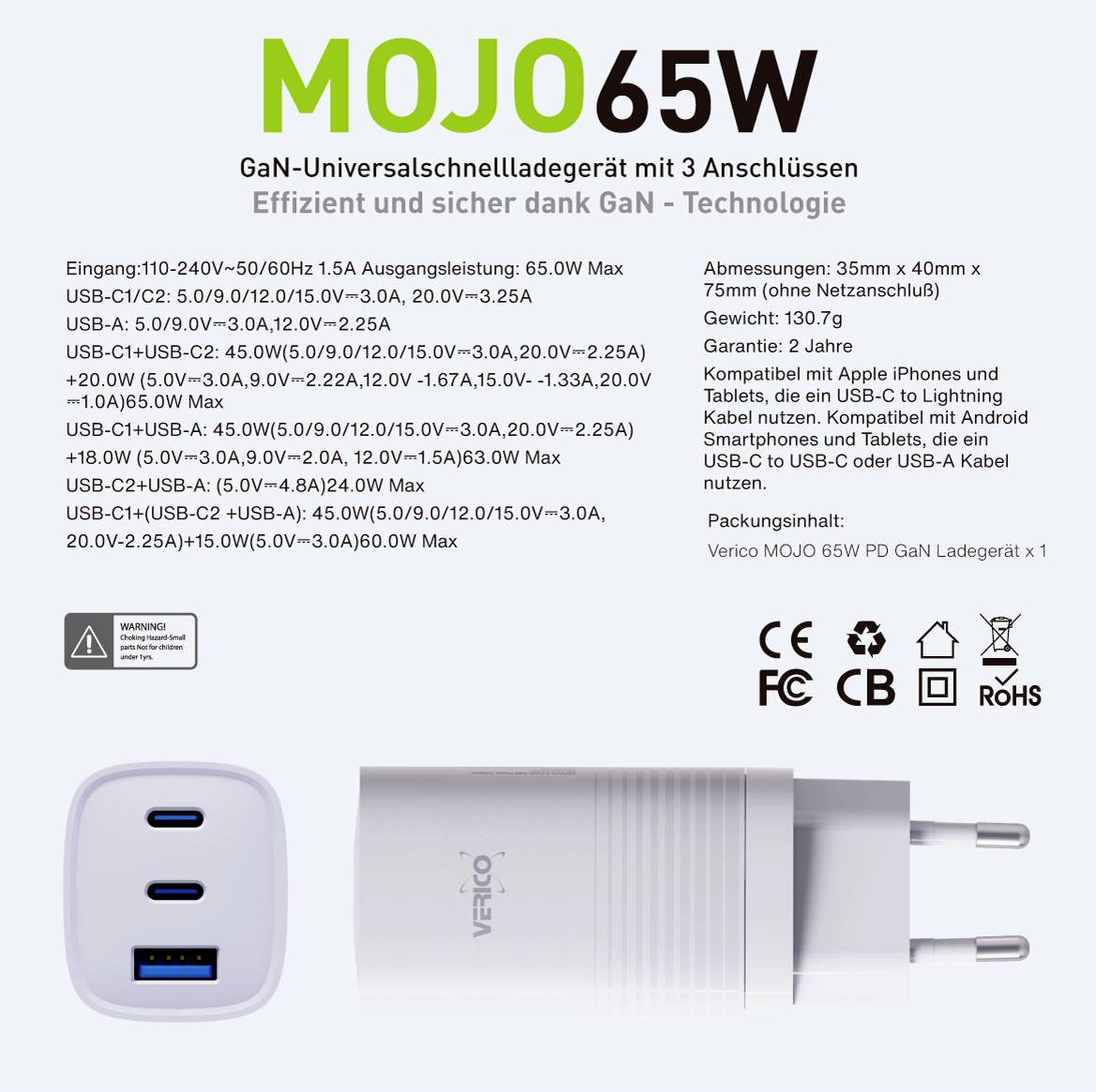 Punjač snage 65W s tri priključka. Podržava brzo punjenje za pametne telefone, tablete i prijenosna računala. Kompatibilan s USB-A i USB-C uređajima.