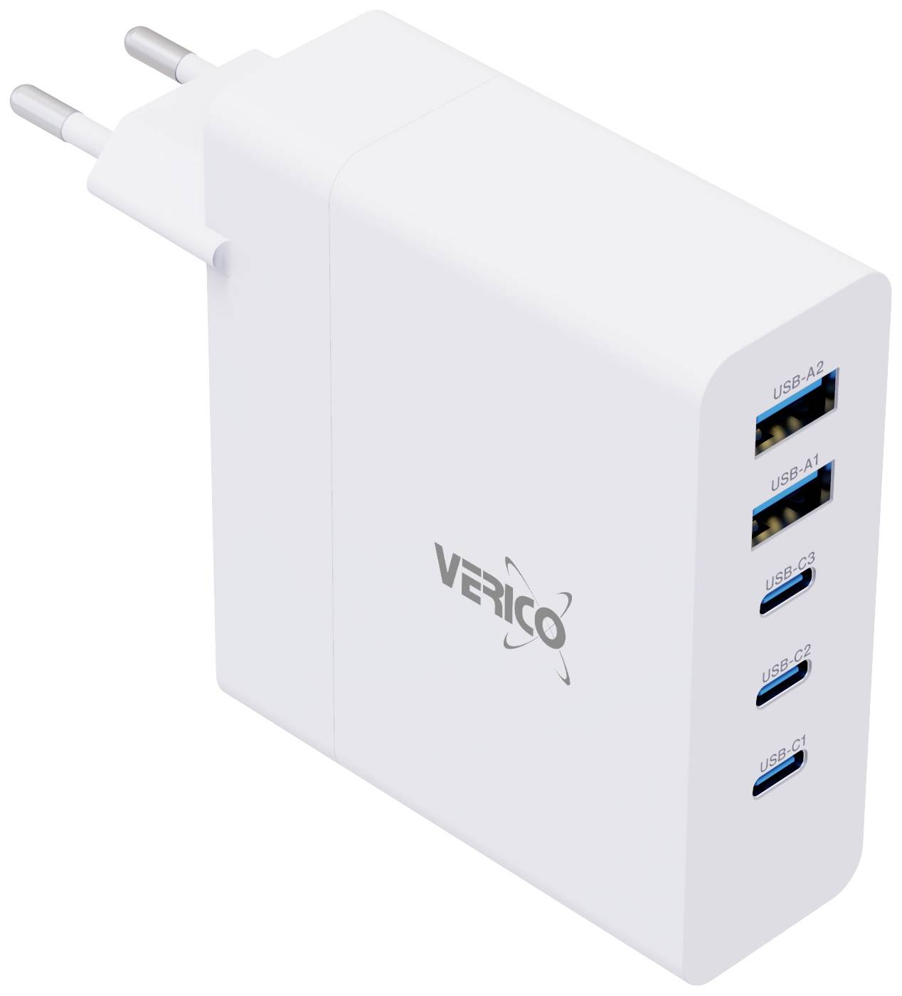 Bijeli punjač s četiri USB priključka, dva su USB-A i dva USB-C. Na jednoj strani vidljivo je logo 'Verico'.
