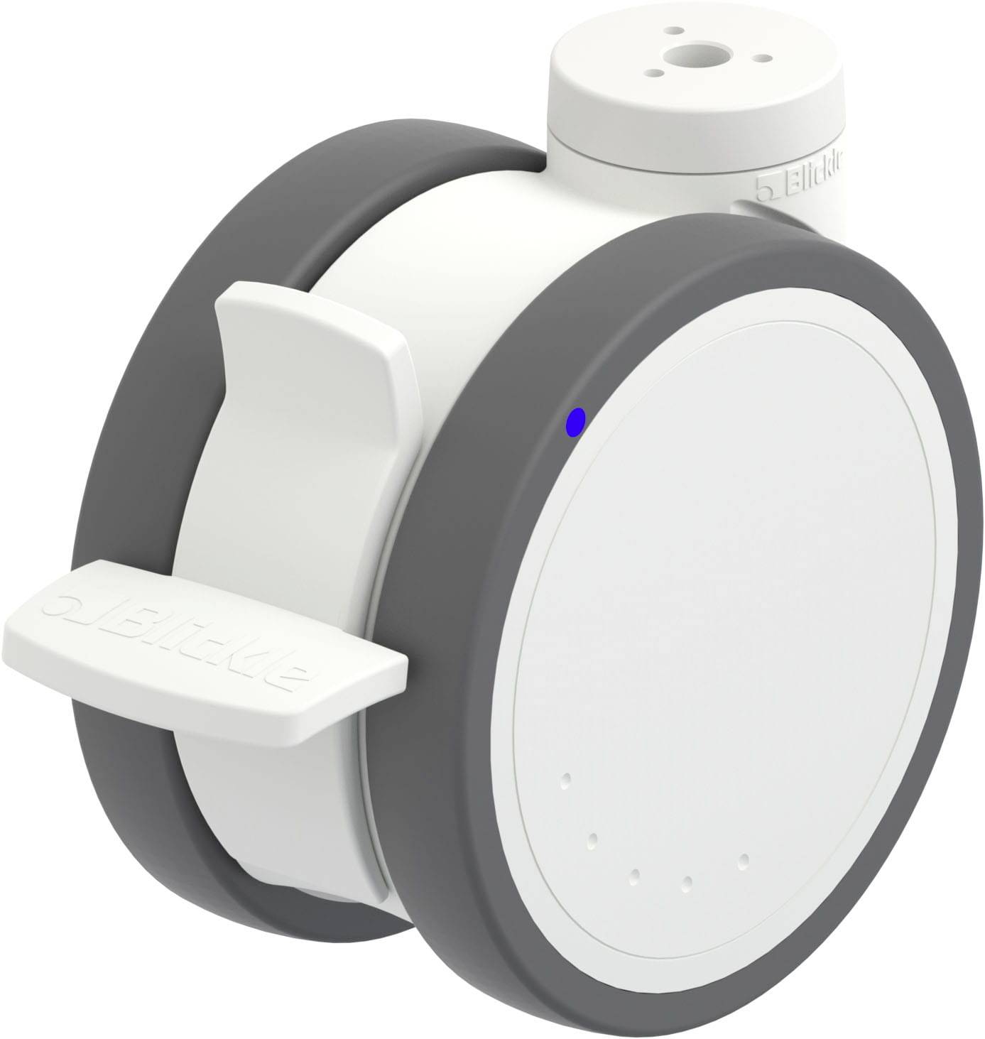 Bijeli, okrugli, električni adapter s sivim rubom i LED indikatorom. Vidljivi su glavni prekidač i utičnica za kabel.