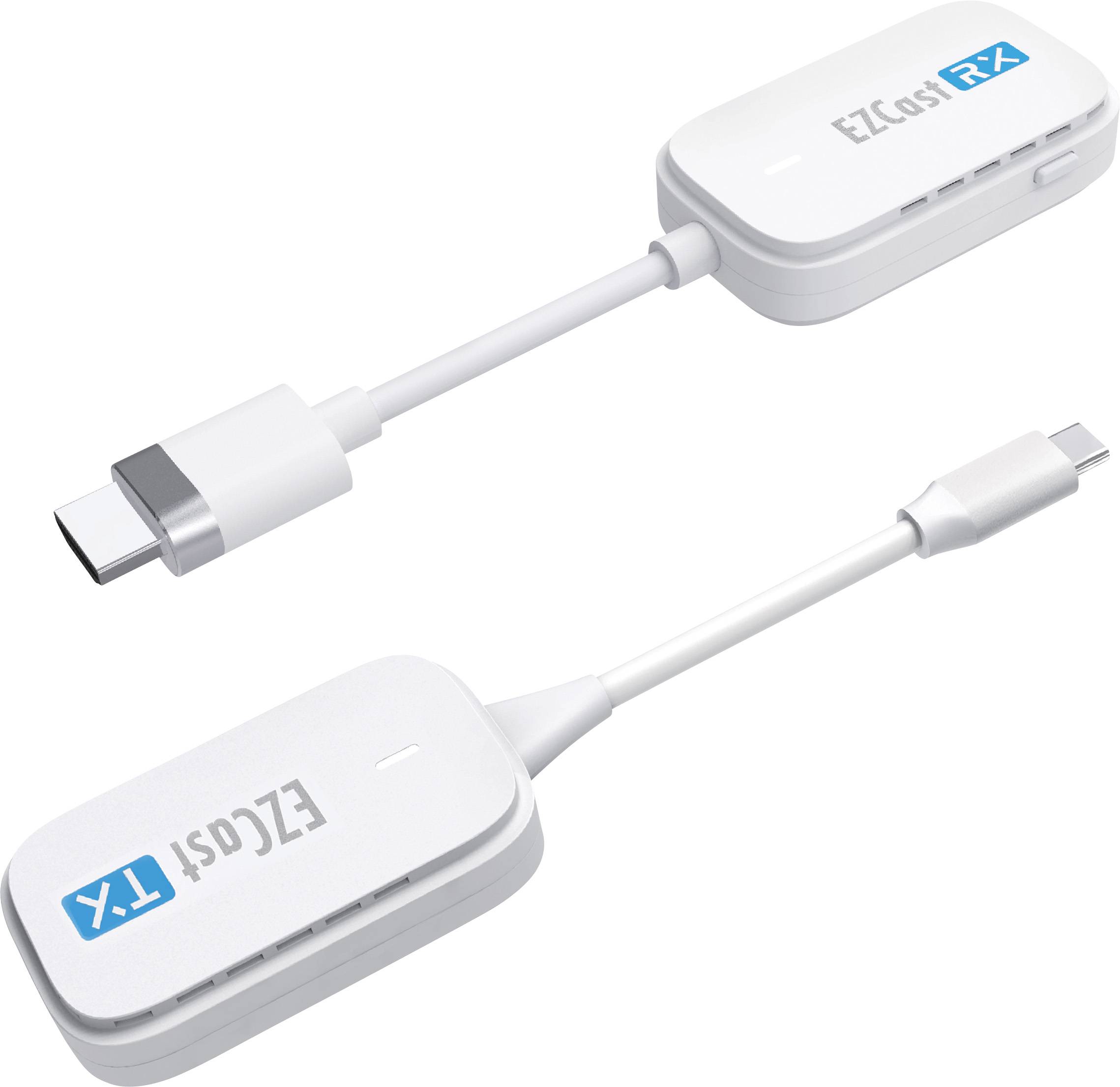 Dva bijela WLAN prijemnika s HDMI i USB-C priključcima, označena natpisima 'EZCast RX' i 'EZCast TX', prikazuju bežično rješenje za streaming.