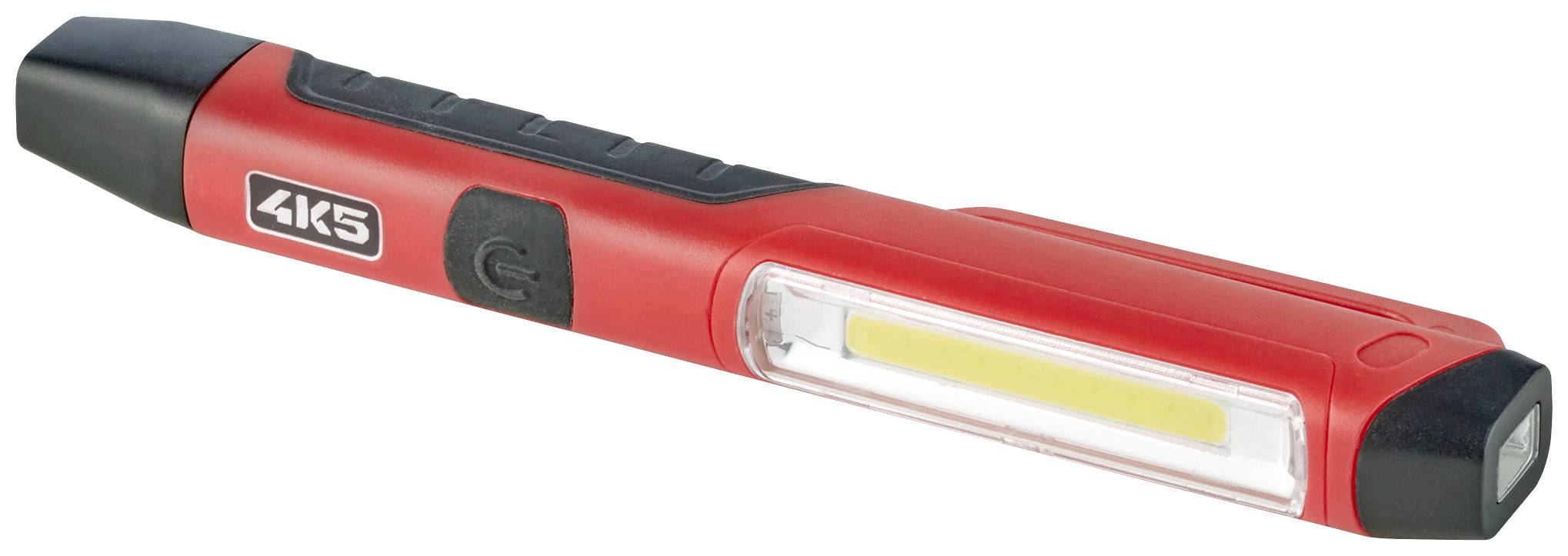 Crvena LED džepna lampica s crnom glavom i ručkom. Sa strane se nalazi tipka za uključivanje i logo '4K5'.