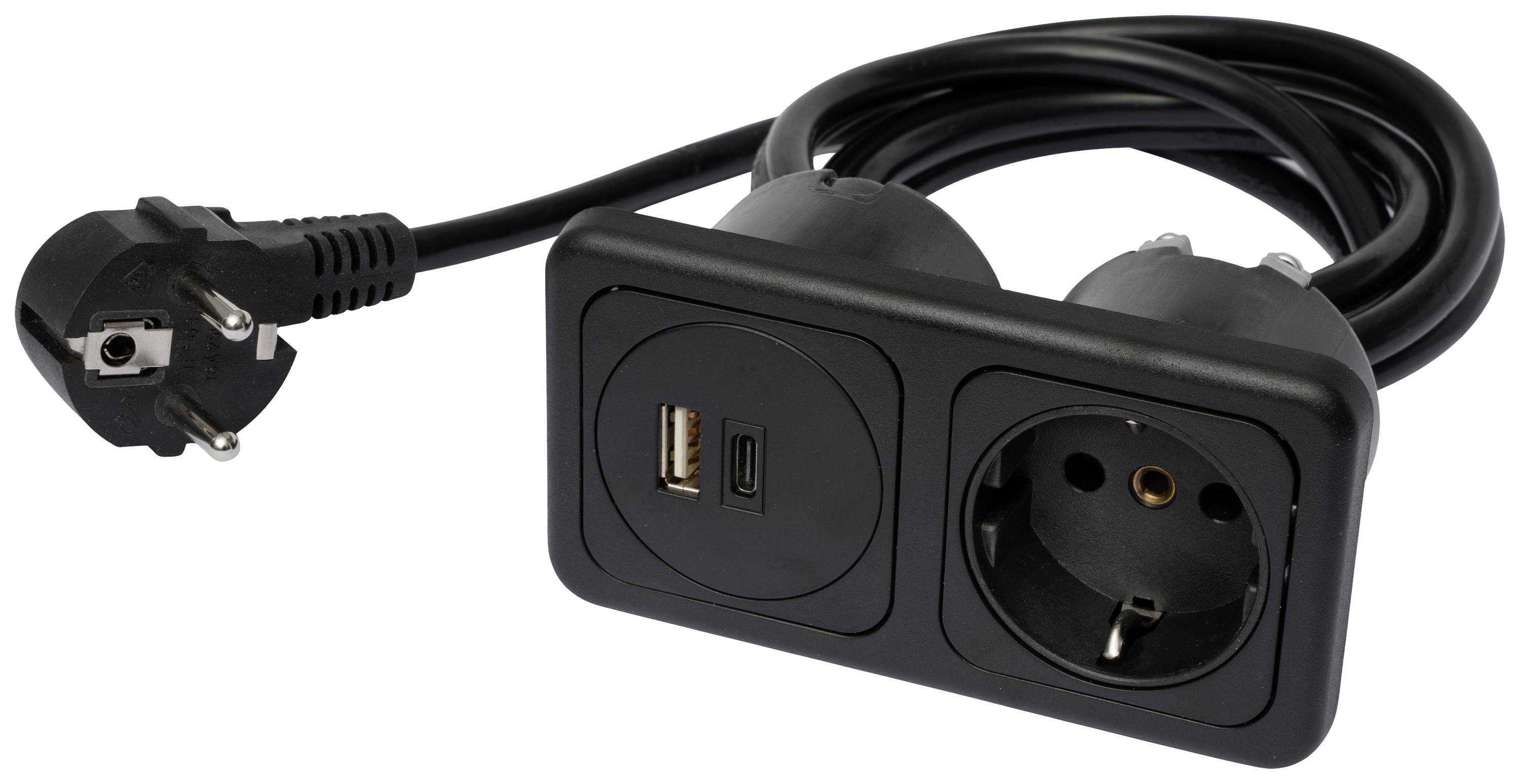 Crna višenamjenska razvodna letva s europskim utikačem, dva utičana mjesta i dva USB priključka, za višestruko punjenje i povezivanje uređaja.