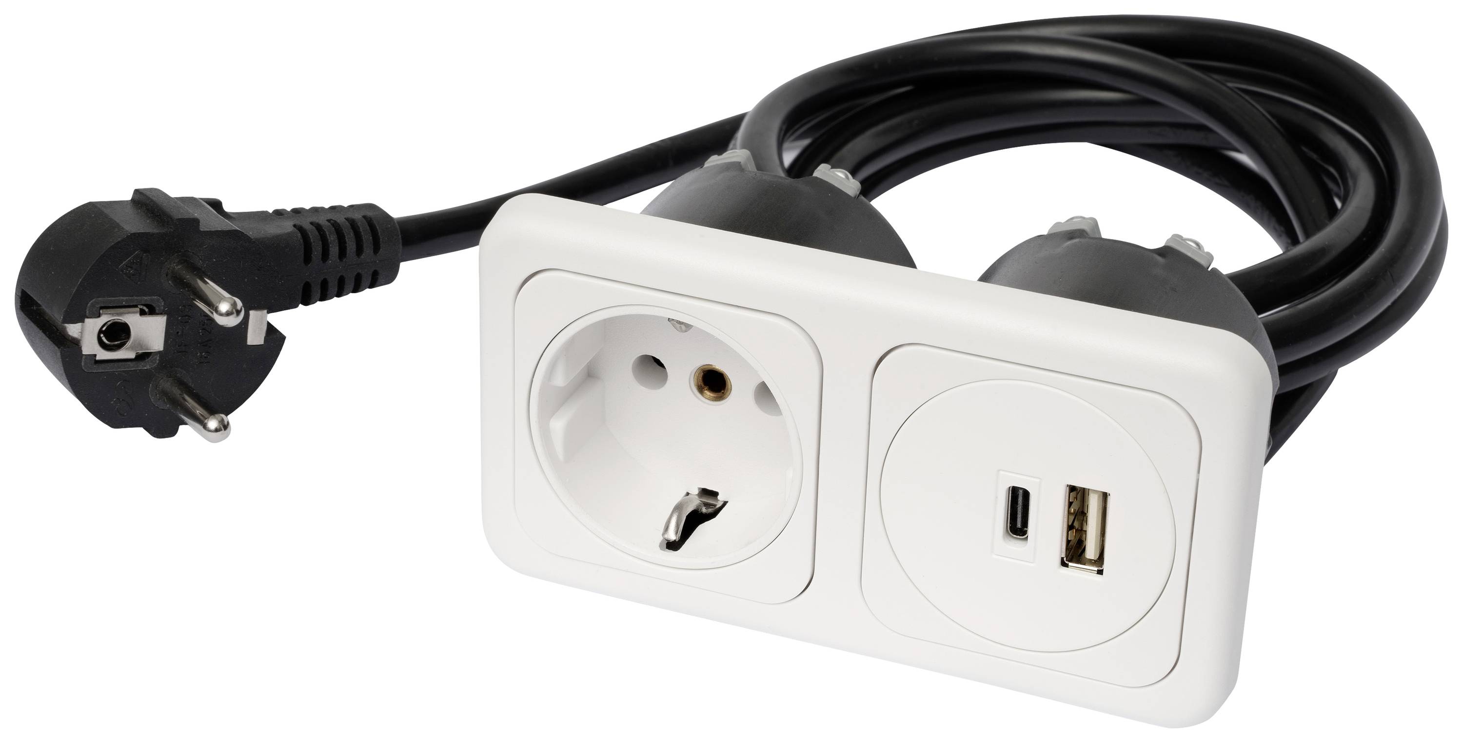 Crni električni kabel s adapterom za utičnicu: lijevo Schuko utičnica, desno USB-A i USB-C priključci.