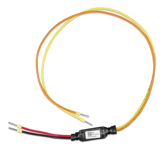 Žuti i crveni vodovi spojeni s malim crnim cilindrom koji služi kao električki ili elektronički komponenent.