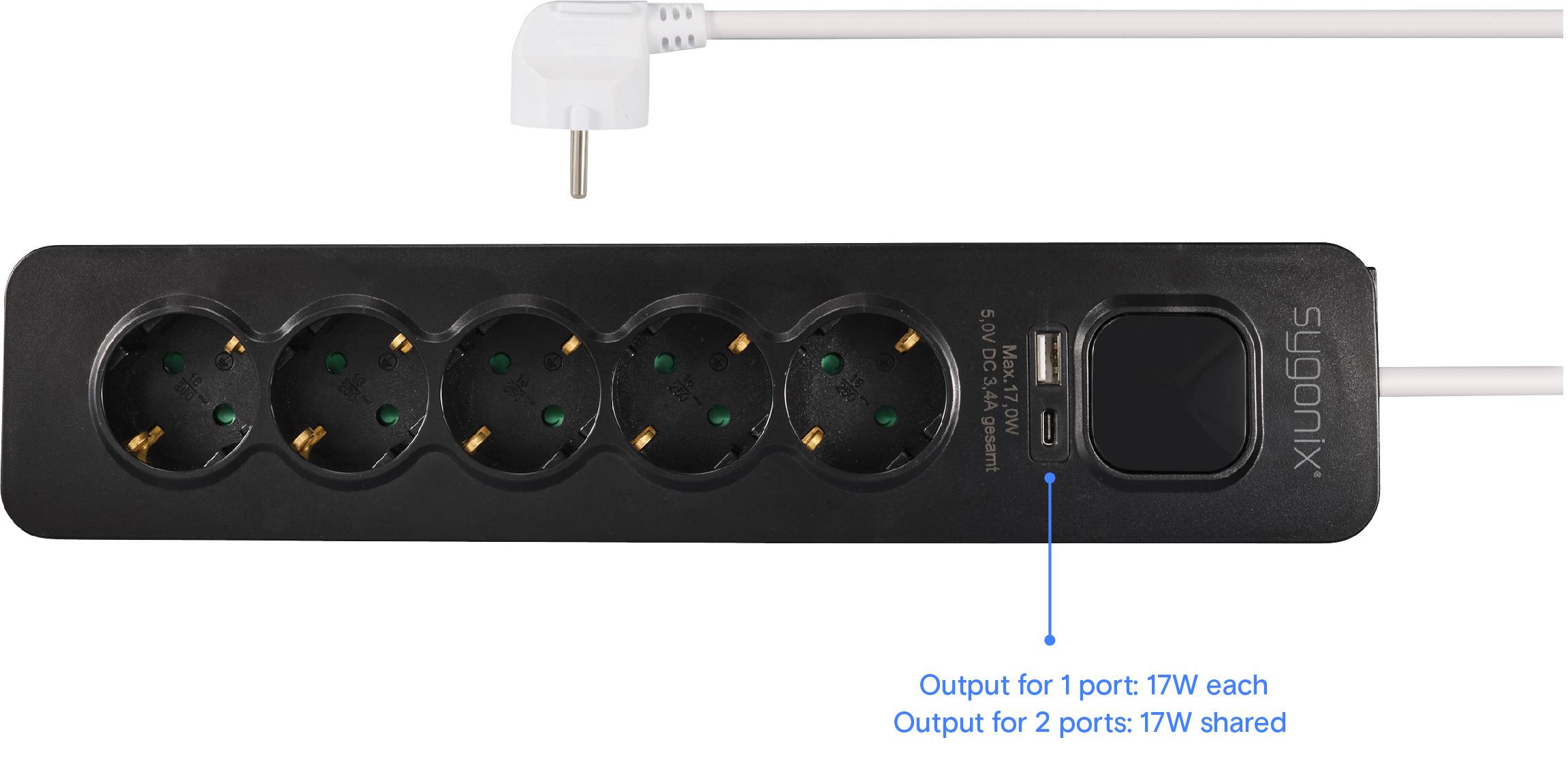 Crna višestruka utičnica sa šest utičnih mjesta i dva USB porta. Tekst: Izlazna snaga za 1 port: 17W svaki. Izlazna snaga za 2 porta: 17W zajednički.