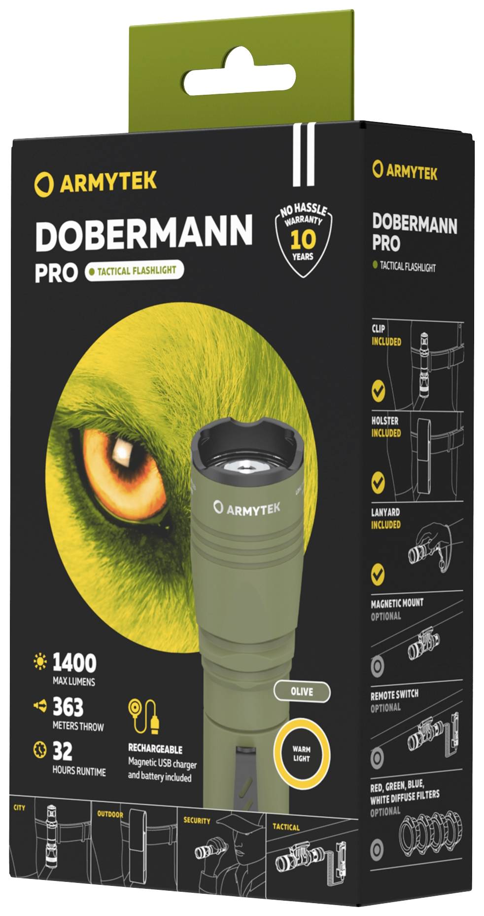 Pakiranje taktičke džepne baterije 'Dobermann Pro' od Armyteka, 1400 lumena, vodootporna, s USB funkcijom punjenja, u maslinastoj boji.