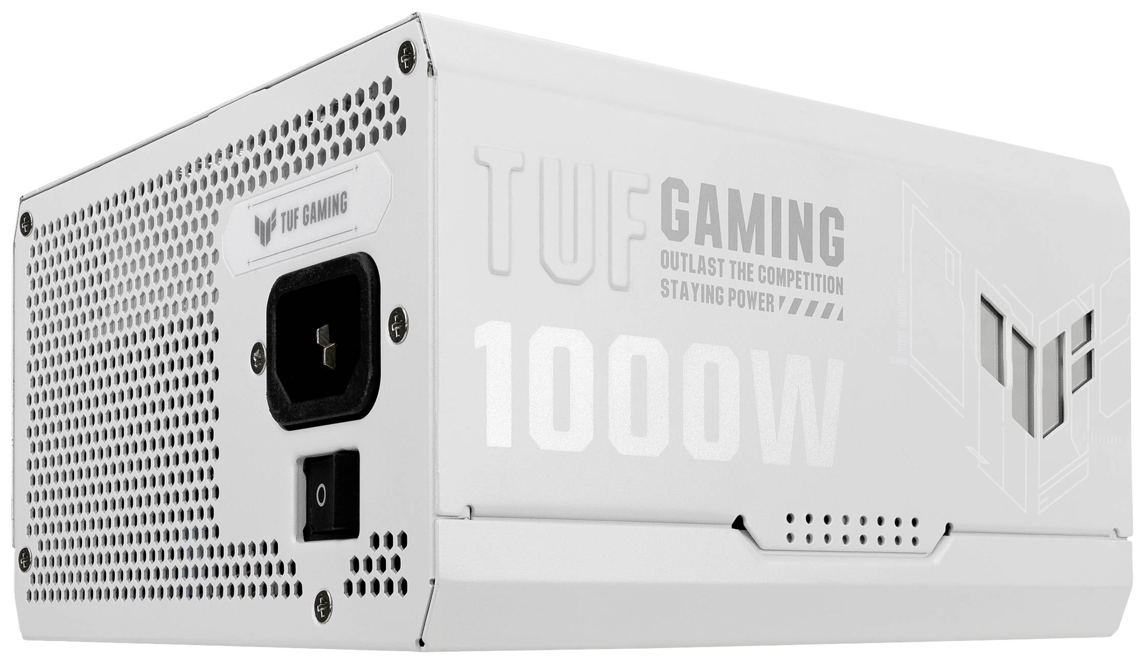 Bijeli 1000W napajanje s natpisom 'TUF GAMING' i sloganom 'NADMAŠI KONKURENCIJU'. S lijeve strane priključak za struju i ventilacijska rešetka.