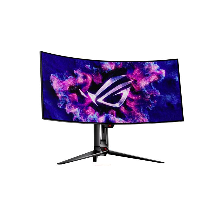 Zakrivljeni gaming monitor s živahnom, višebojnom pozadinom i ROG logotipom u sredini; dizajn naglašava dinamičko igranje.