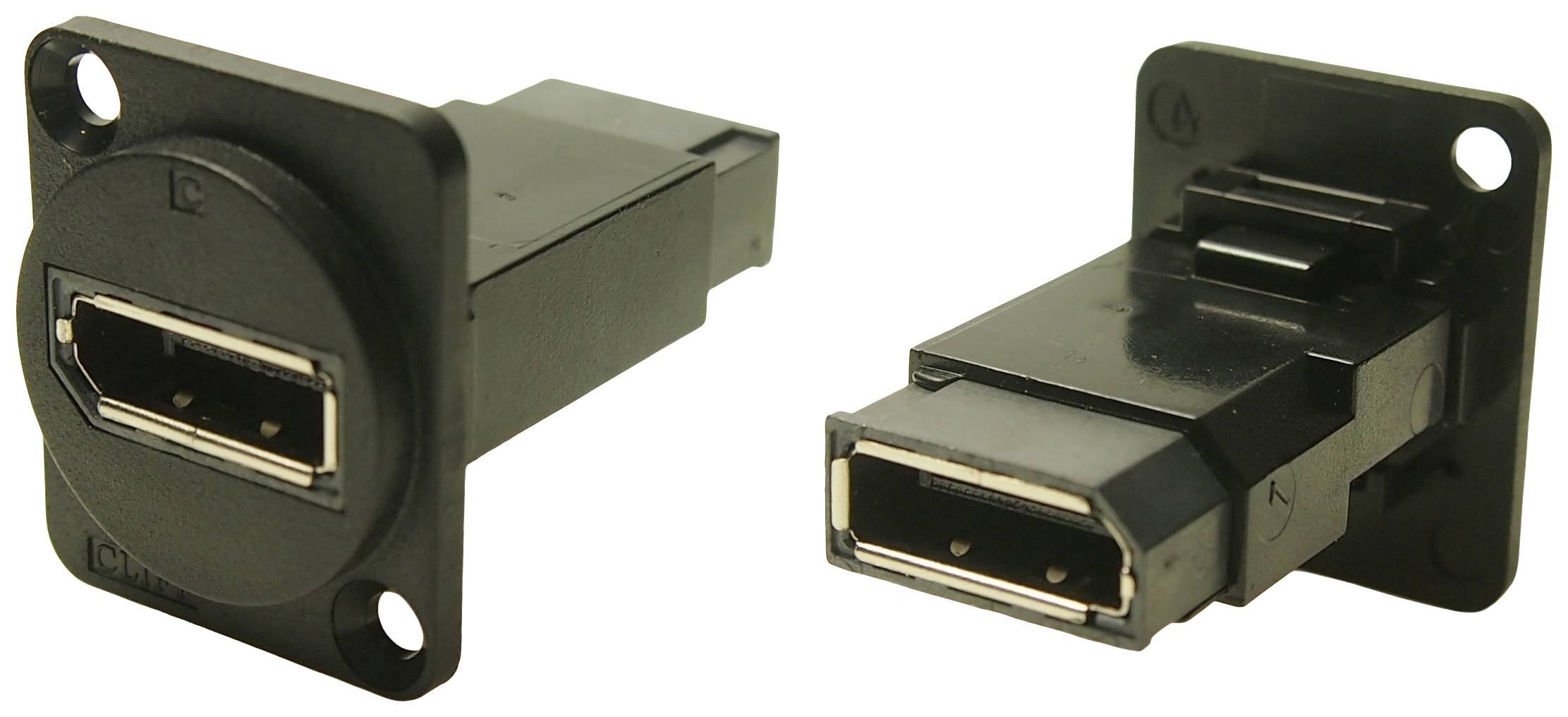 Dva crna konektorska spoja pravokutnog oblika s metalnim kontaktnim površinama, pogodni za elektroničke spojeve.