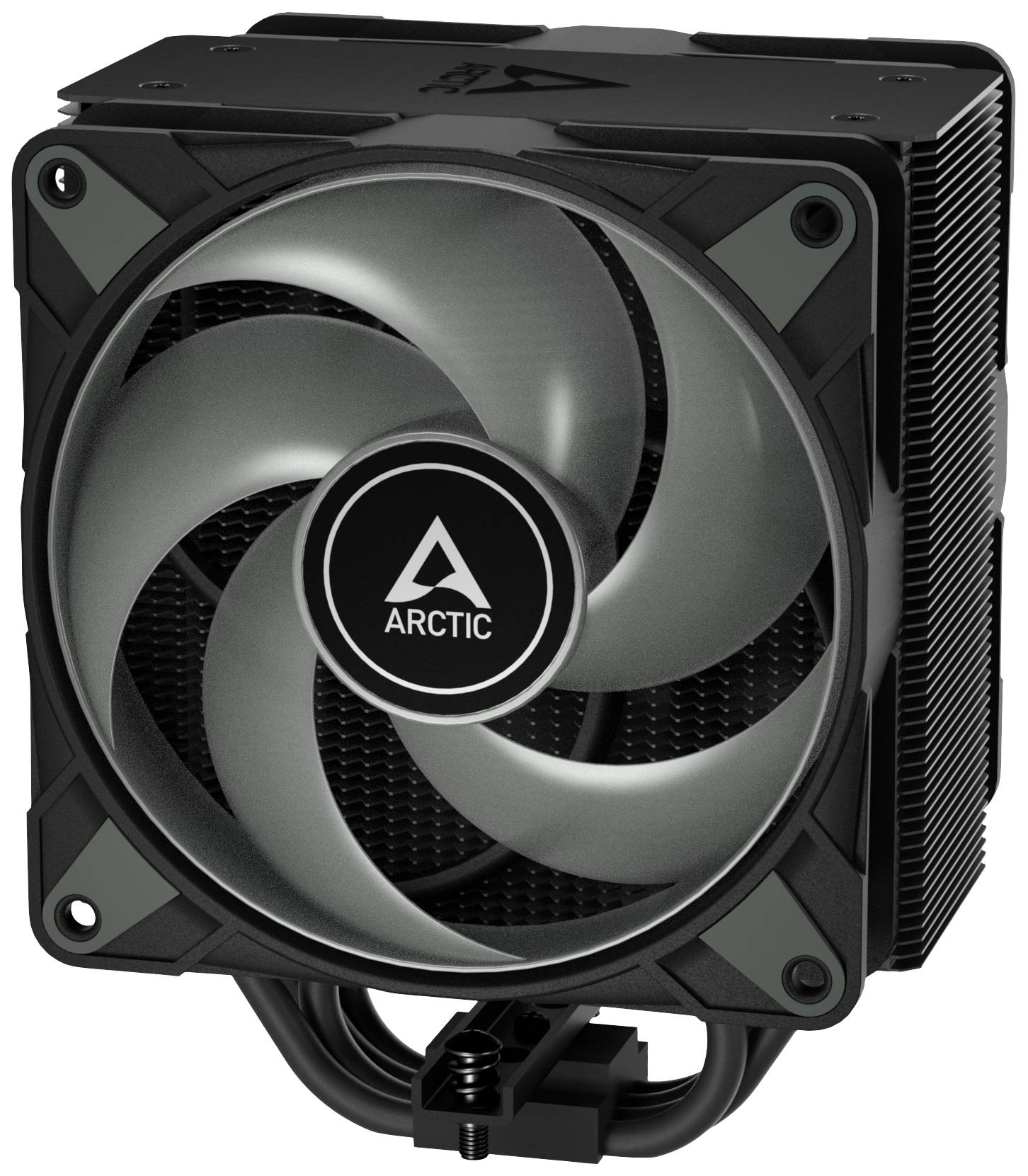 Crni CPU hladnjak od Arctice s velikim ventilatorom i više rashladnih lamela, razvijen za hlađenje računalnih procesora.
