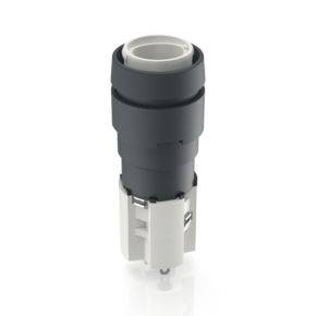 Crni i bijeli cilindrični utični adapter izrađen od plastike, vjerojatno namijenjen industrijskoj ili tehničkoj upotrebi.