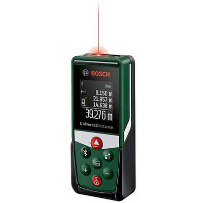 Daljinomjer s digitalnim zaslonom koji prikazuje više udaljenosti u metrima. Laserska zraka na vrhu za mjerenje udaljenosti. Marka: Bosch.