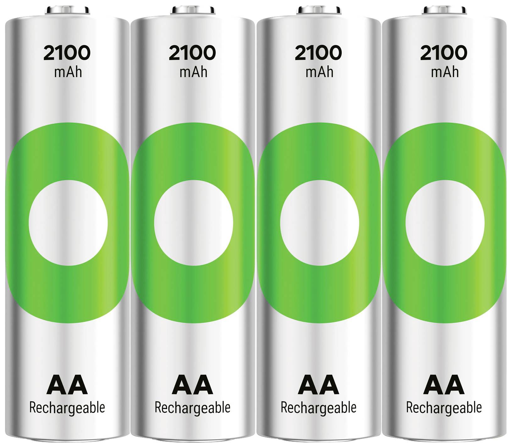 Četiri punjive AA baterije kapaciteta 2100 mAh, poredane u nizu, s zelenim kružnim uzorkom.