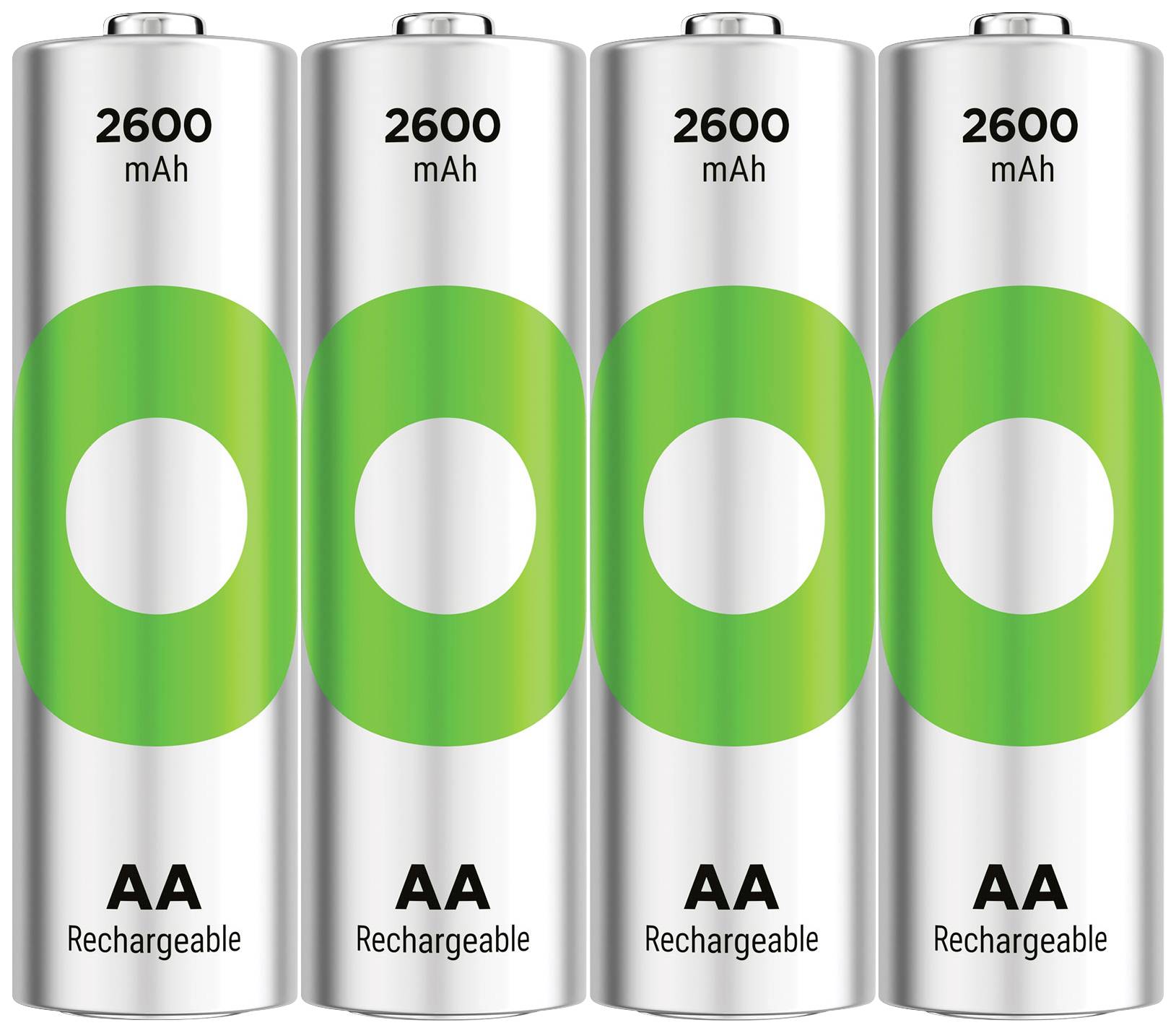 Četiri poredane, punjive AA baterije kapaciteta 2600 mAh, srebrne boje sa zelenim kružnim dizajnom, prikazati.