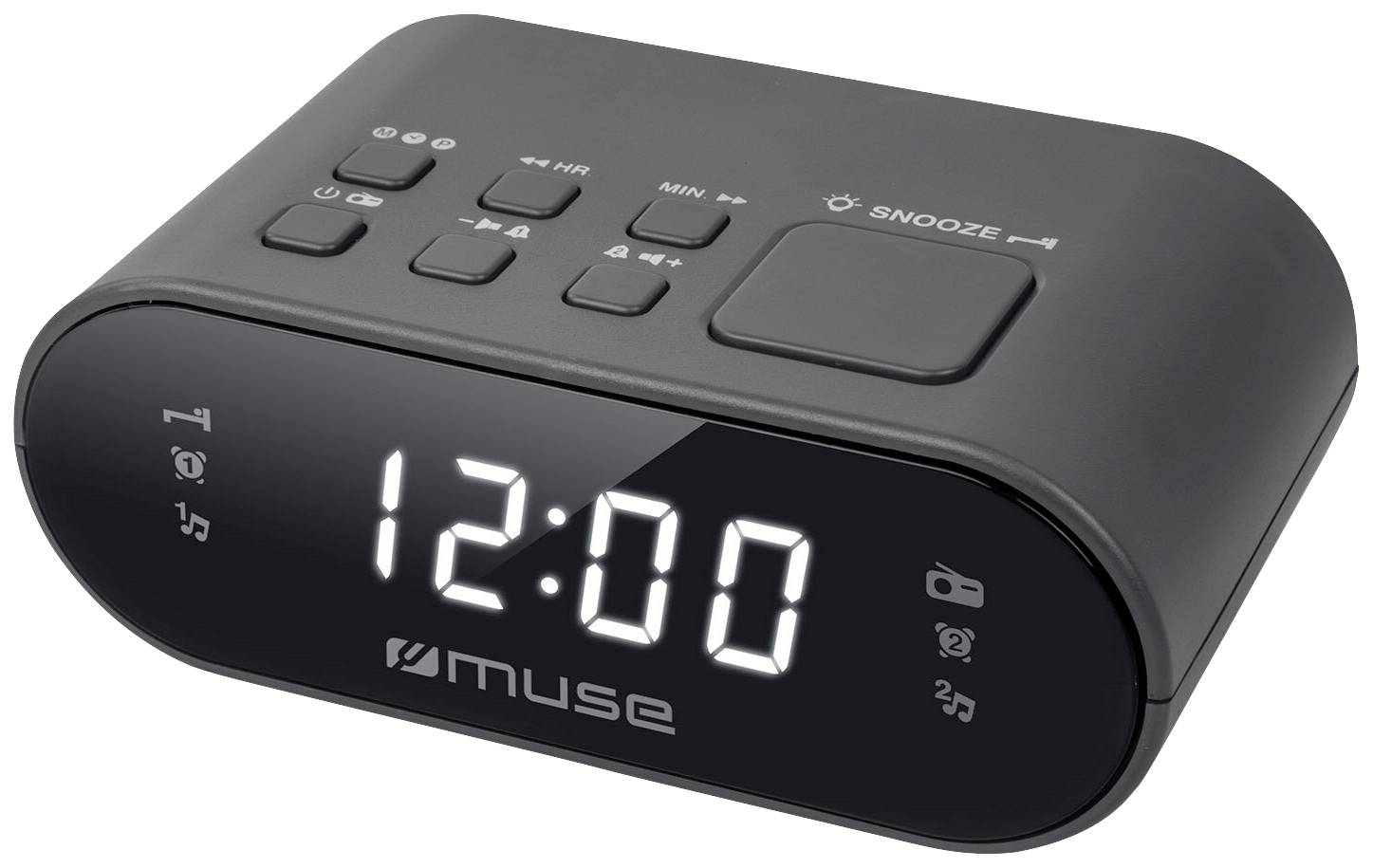 Crni digitalni sat s LED zaslonom pokazuje '12:00'. Na vrhu se nalaze kontrolne tipke, ispod kojih su simboli za 'Drijemanje' i 'Radio'.