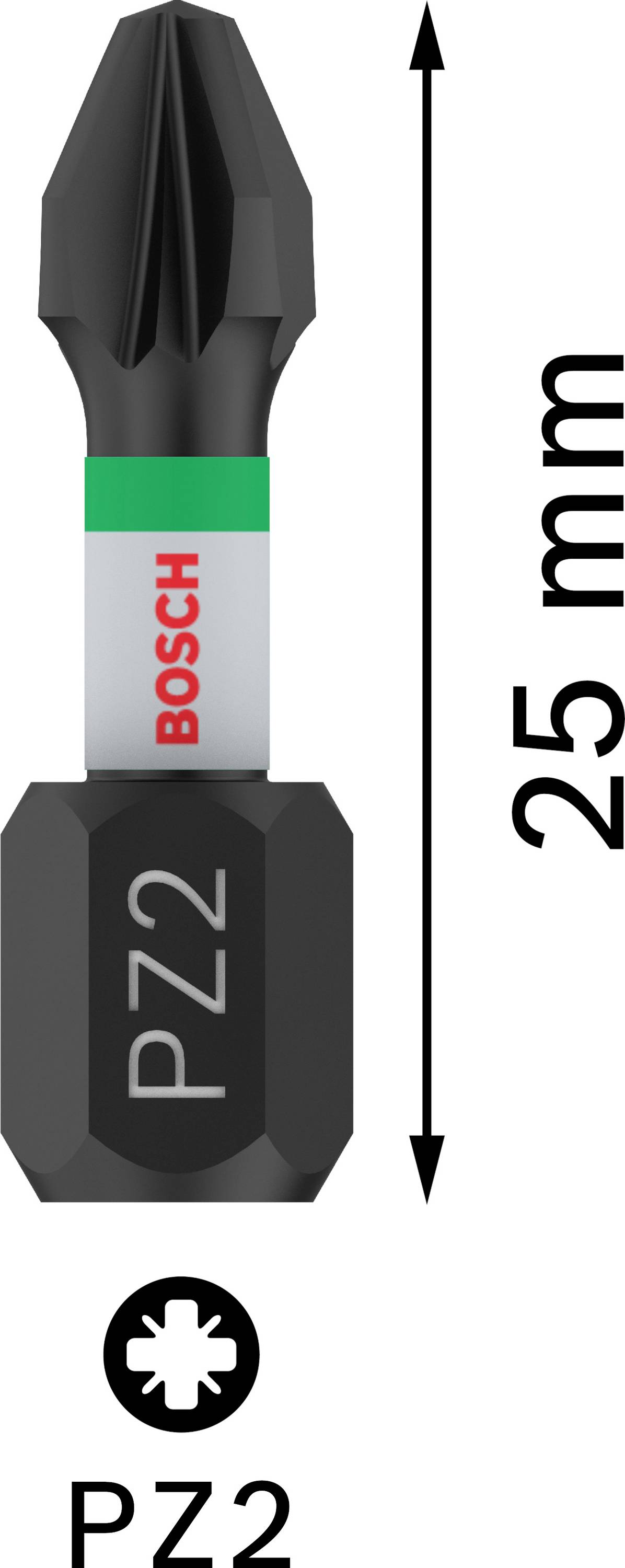 Bosch križni bit duljine 25 mm, označen kao 'PZ2', prikazan sa strelicom i tekstom za označavanje veličine.