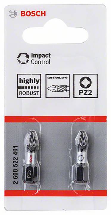 Jedna pakiranje Bosch-vijačnih bitova, model PZ2, s natpisom "Impact Control" i "highly robust". Sadrži dva bita.