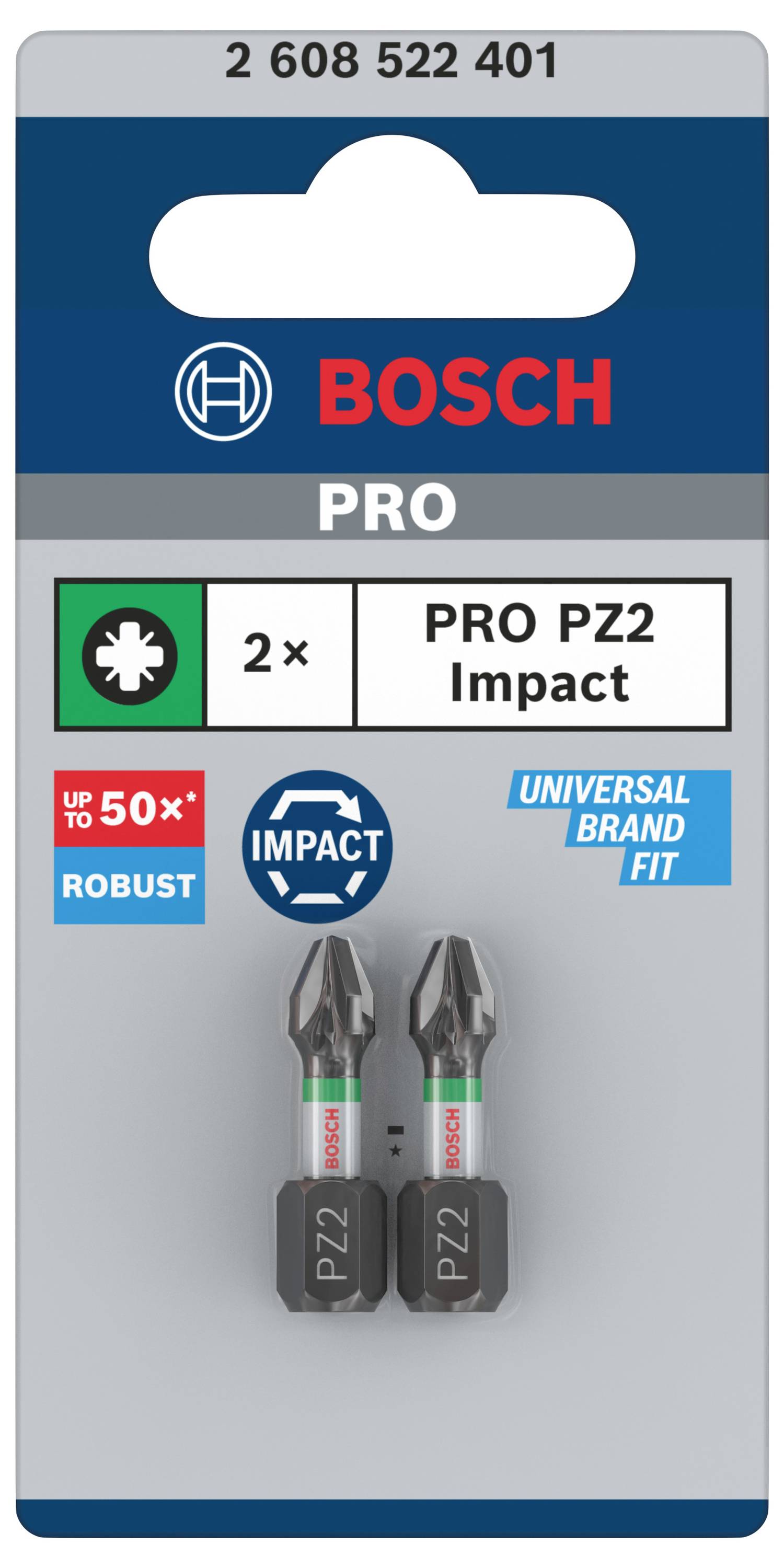 Paket s dva Bosch PRO PZ2 udarnih umetaka za odvijač, robusnih i univerzalno prikladnih.