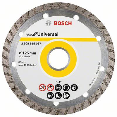 Okrugla dijamantna rezna ploča Bosch s natpisom 'eco Universal', promjera 125 mm s sigurnosnim upozorenjima za upotrebu.