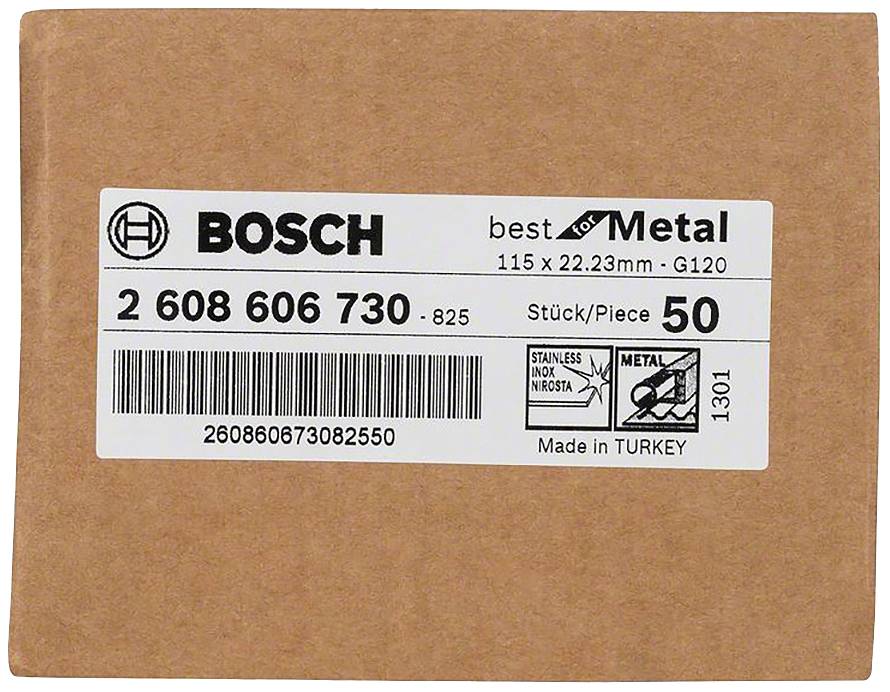 Kartonska ambalaža s Bosch naljepnicom za brusilačke ploče. Tekst: 'Najbolje za metal', 'Nehrđajući/Inox', '50 komada', '115 x 22,23 mm, G120'. Izrađeno u Turskoj.