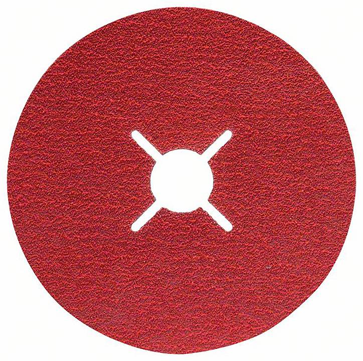 Crveni disk za brušenje s centralnom rupom i četiri ureza, postavljen na bijeloj pozadini. Koristi se za brušenje ili poliranje.