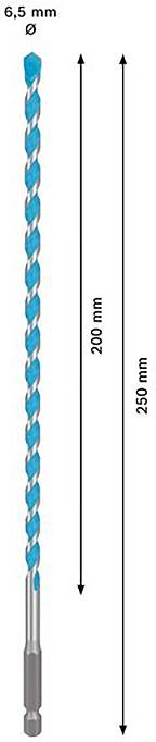 Svrdlo s plavim spiralnim dizajnom, promjer 6,5 mm, duljina 260 mm; uporabiva duljina 200 mm.