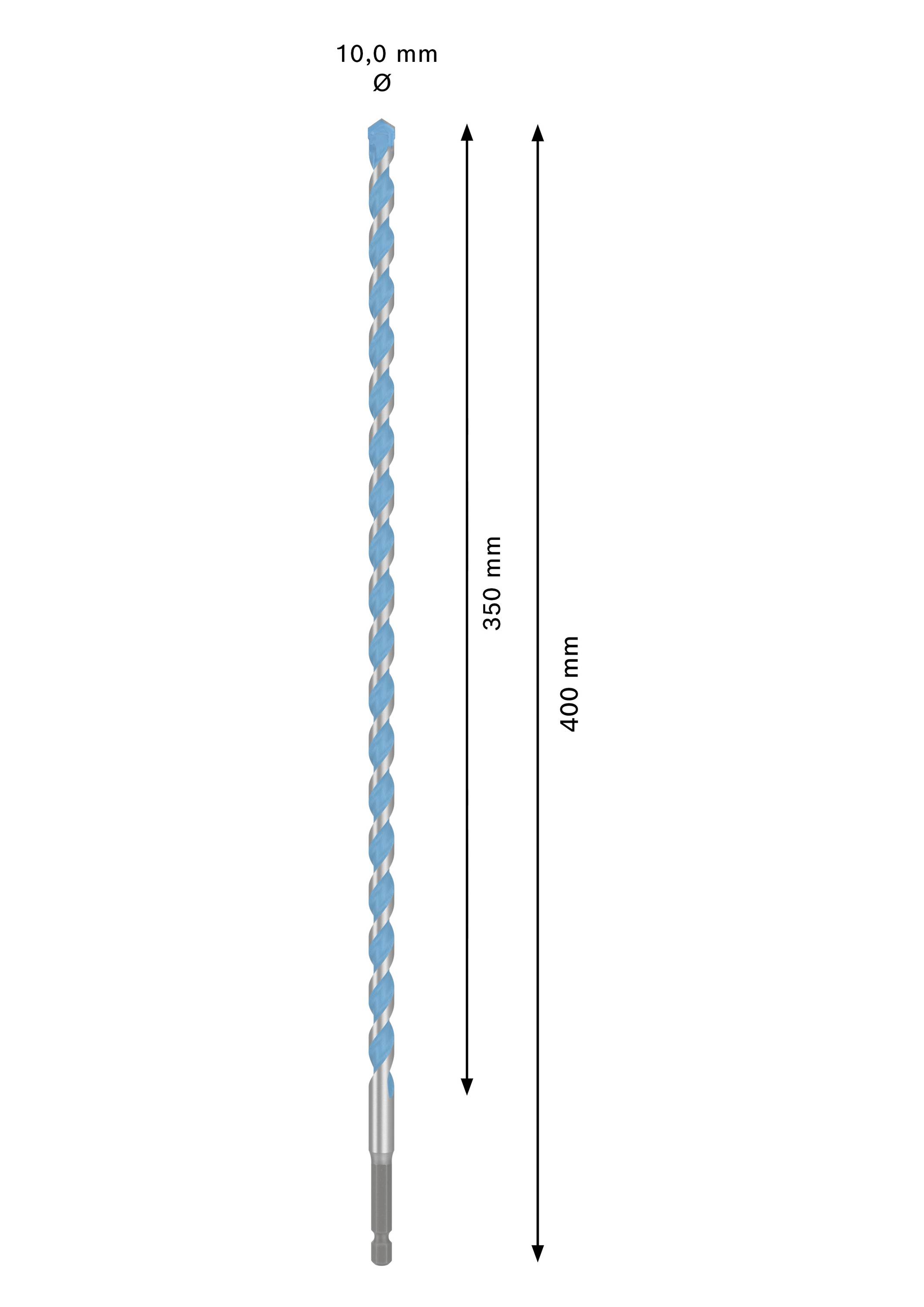 Svrdlo promjera 10 mm i dužine 400 mm. Korisna dužina iznosi 350 mm. Svrdlo ima spiralnu strukturu.