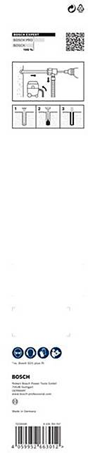 Ambalaža Bosch SDS-Plus-3 svrdla s tehničkom dijagramom i oznakama veličine. Barkod dolje, naziv proizvoda gore.