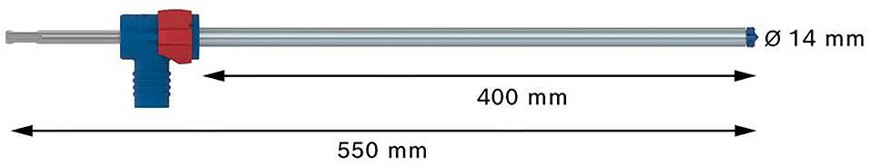 Ilustracija mjernog štapa dužine 550 mm. Mjerno područje je 400 mm, vanjski promjer 14 mm. Crveni i plavi rukohvat.