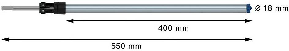 Cilindričan metalni cijev promjera 18 mm. Ukupna duljina 550 mm, od čega je 400 mm označeno između vrhova strelica.