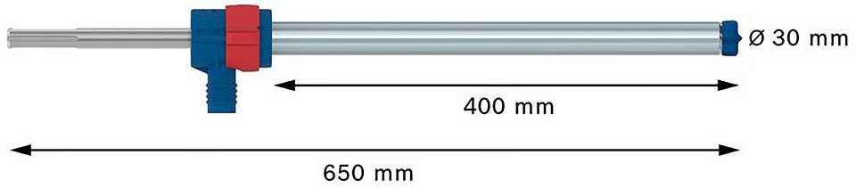 Slika pneumatskog cilindra. Ukupna duljina: 650 mm, hod klipa: 400 mm, promjer: 30 mm. Pogled sa strane s dimenzijskim oznakama.