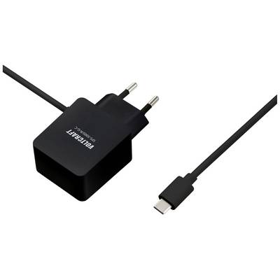 Crni USB-C punjač s kabelom i europskim mrežnim utikačem. Pogodan za punjenje kompatibilnih elektroničkih uređaja.
