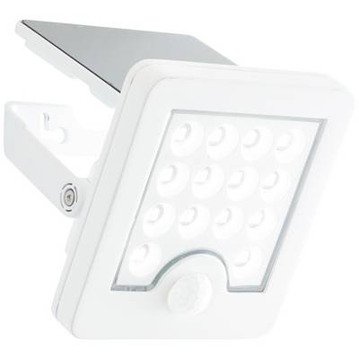 Bijeli LED reflektor sa solarnim modulom, montiran na metalnom nosaču, namijenjen uporabi na otvorenom prostoru.
